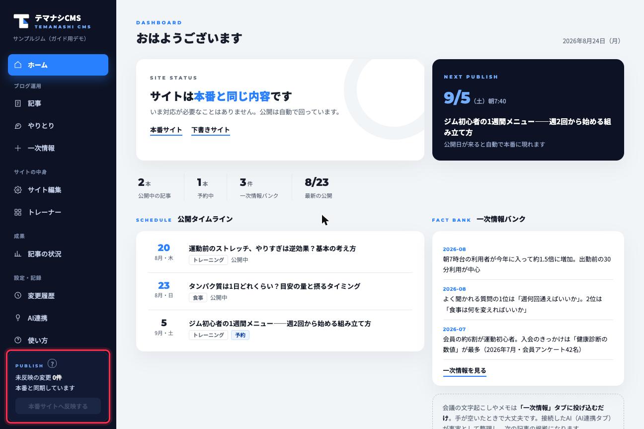 反映済みのときのPUBLISH欄。「本番と同期しています」と出ていれば、押し忘れはありません