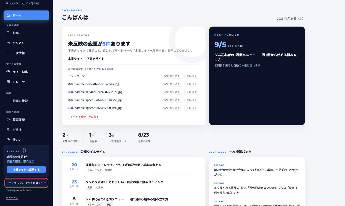 左メニュー下のプルダウン(赤枠)で、いま見ているサイトを切り替えます